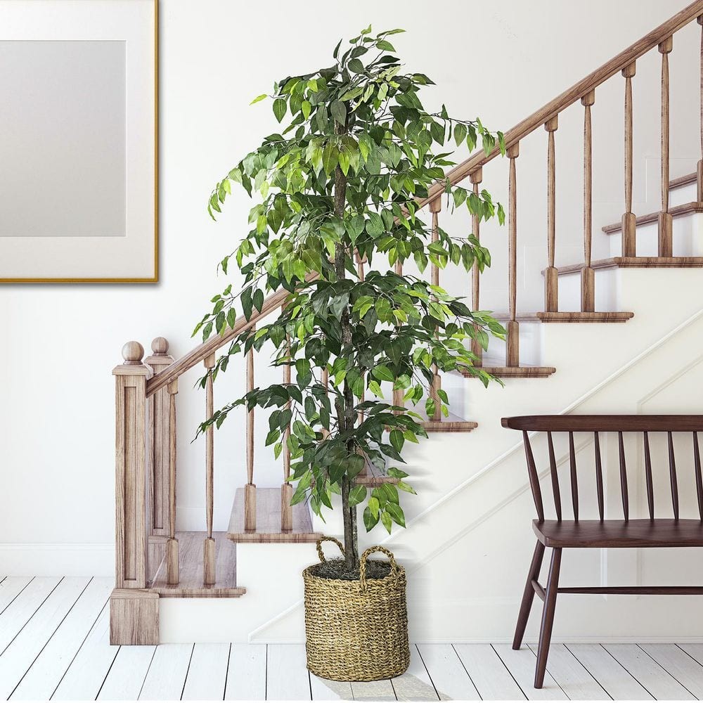 Artificial Plant 6-Foot Ficus Tree in Woven Natural Basket Home or Office Decor