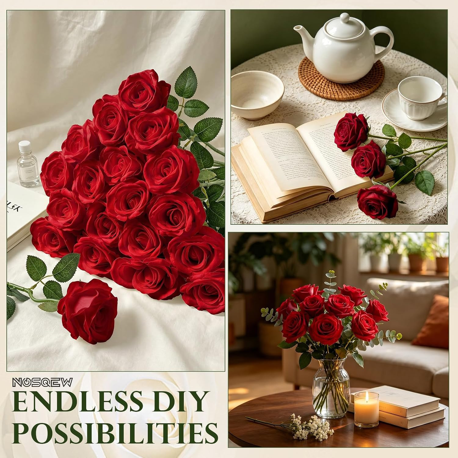 50 Pcs Artificial Roses +10 Eucalyptus + 1 Sachet (Rose Red) | Fake Velvet Silk
