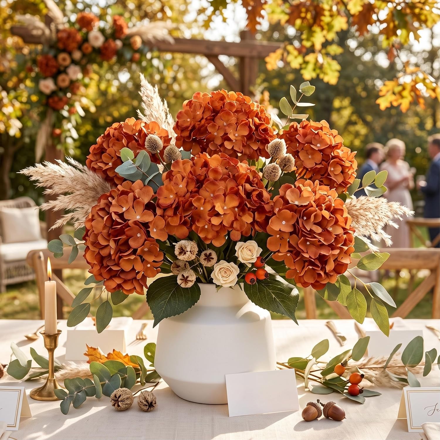 Bulk 12 Orange Artificial Hydrangeas – Waterproof, Zero Maintenance Fall Decor
