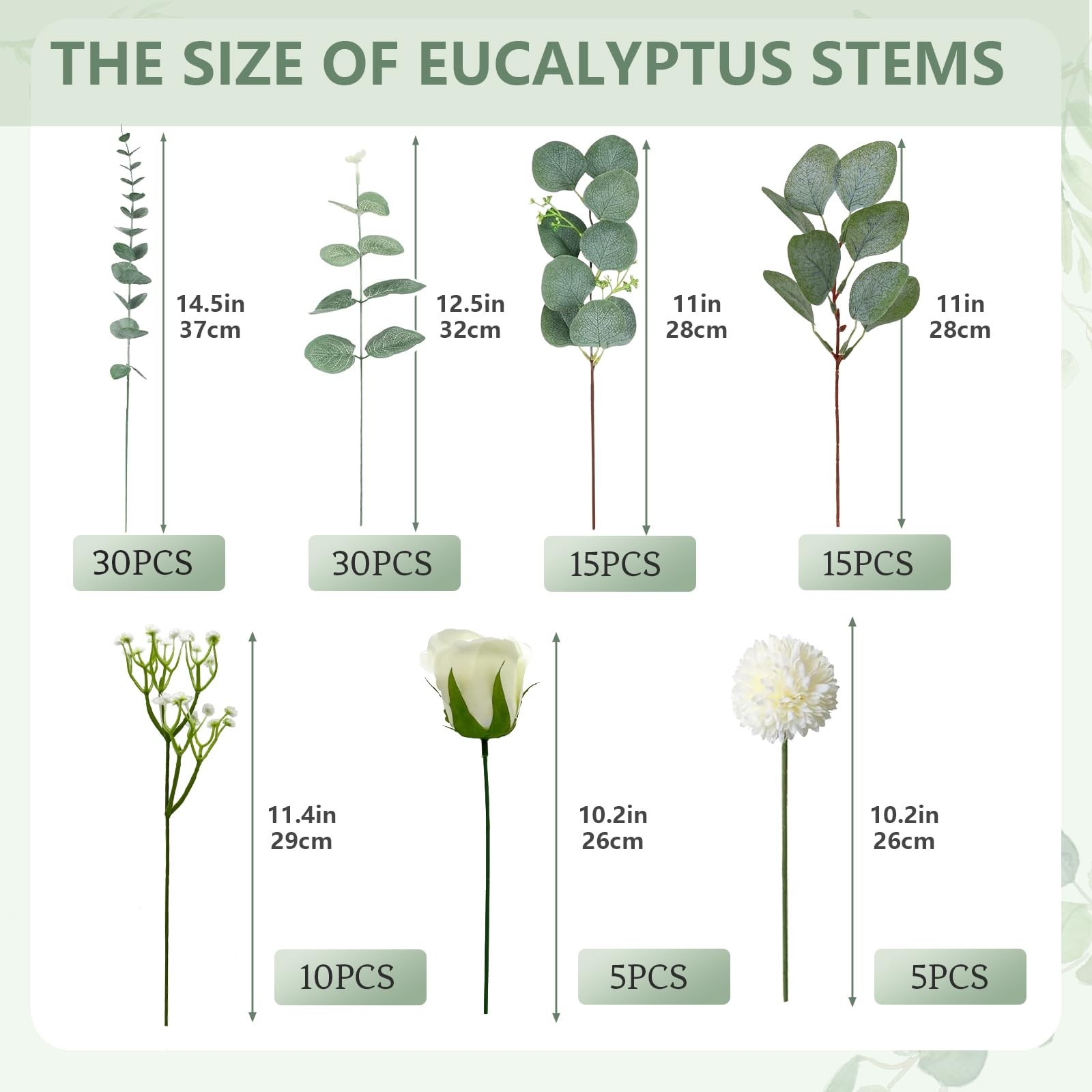 110 Pcs 7 Kinds Mixed Artificial Eucalyptus Stems, Fake Greenery Stems Silver…