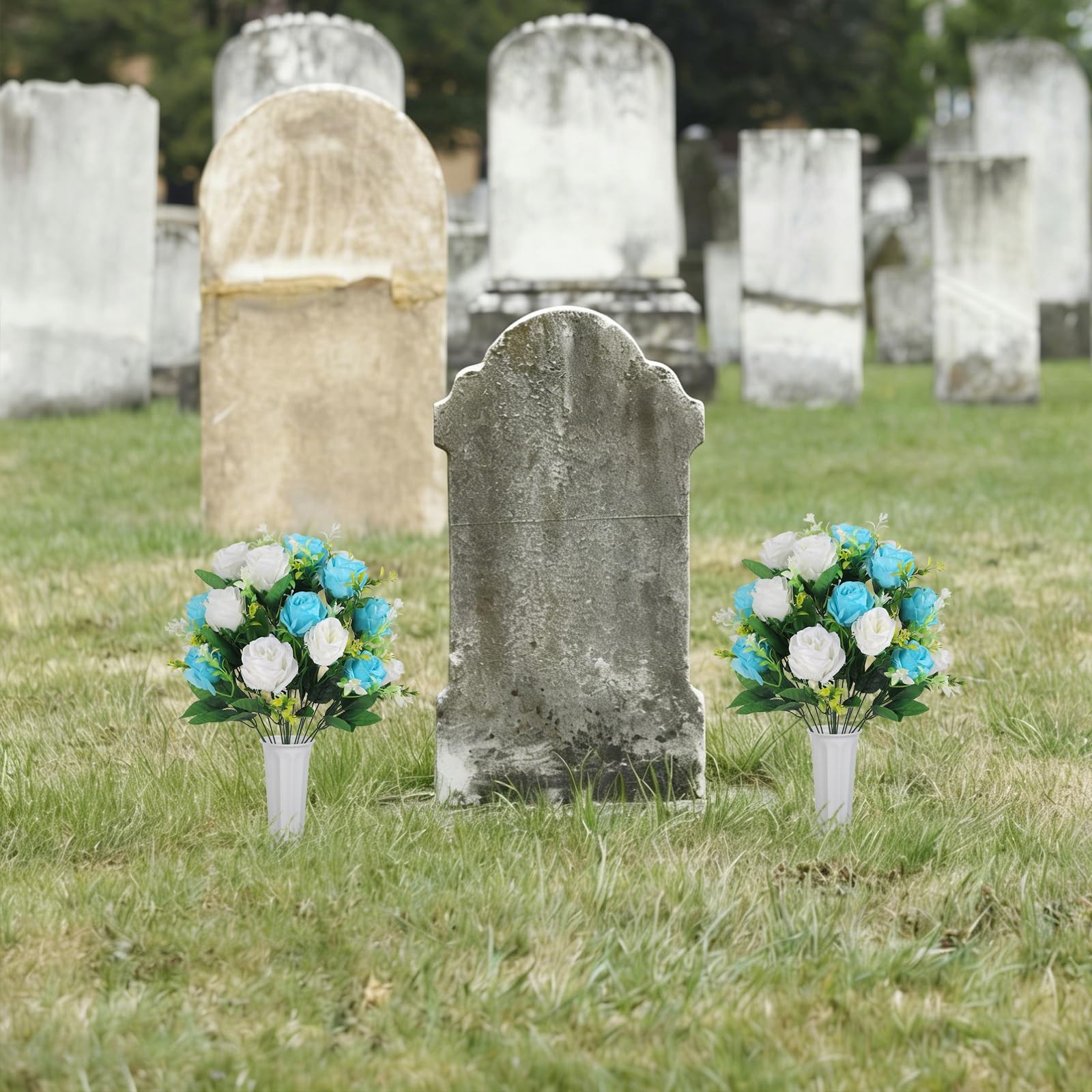 Cemetery Flowers with Vase 2 Pack Artificial Flowers for Cemetery, Silk Roses…