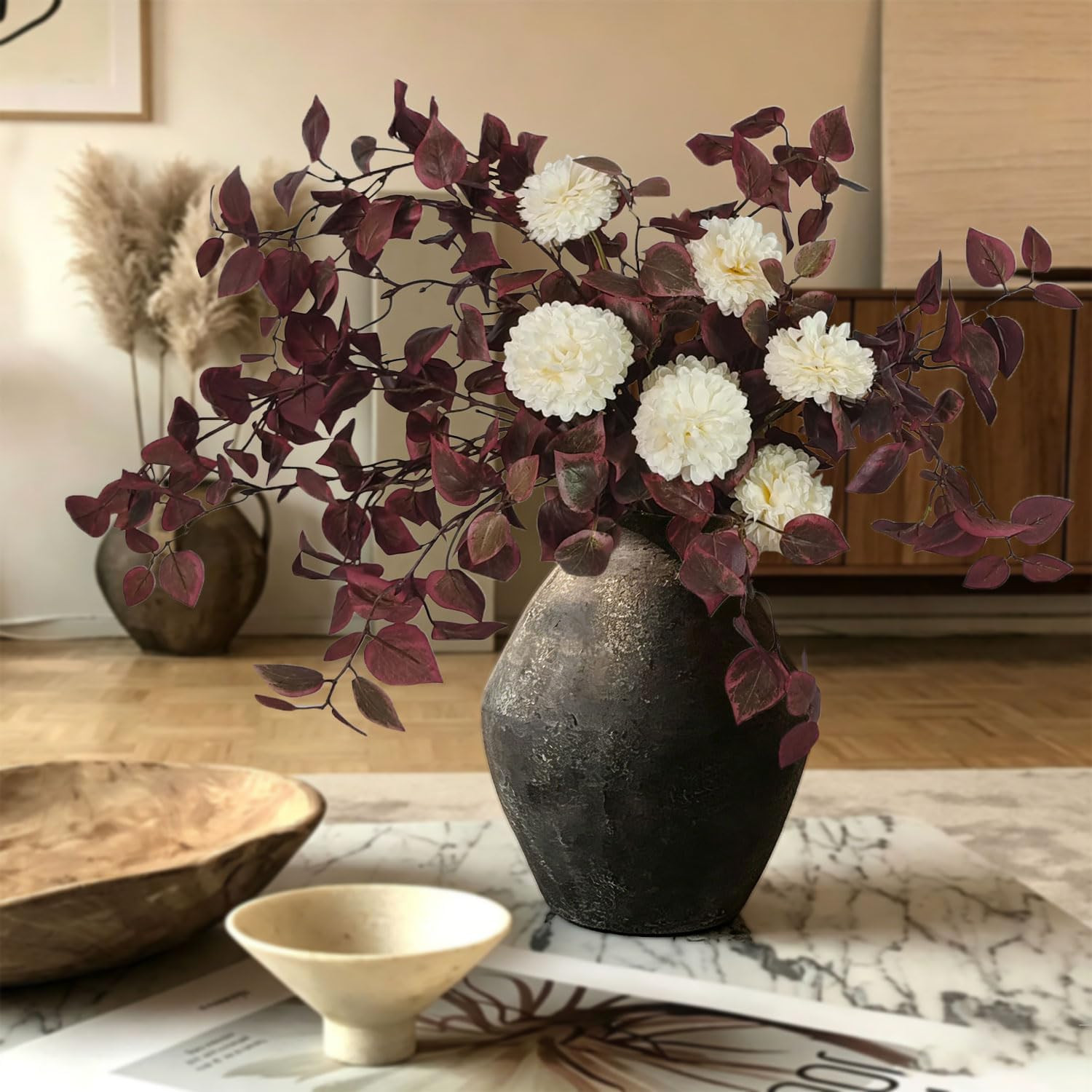 6PCS Burgundy Eucalyptus Stems – Lifelike Faux Fall Flowers for Home Decor
