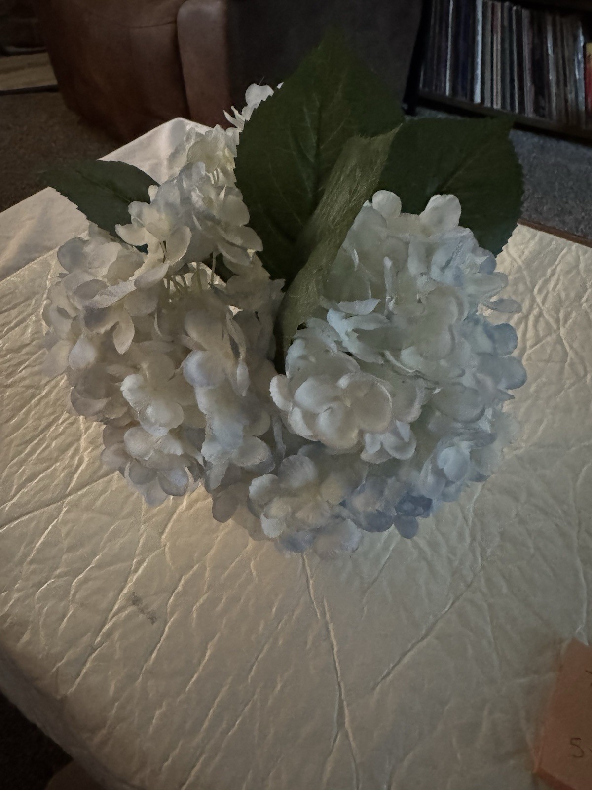 Artificial Light Blue Hydrangea Flowers w/Textured White Vase 3.5” Vase Bottom