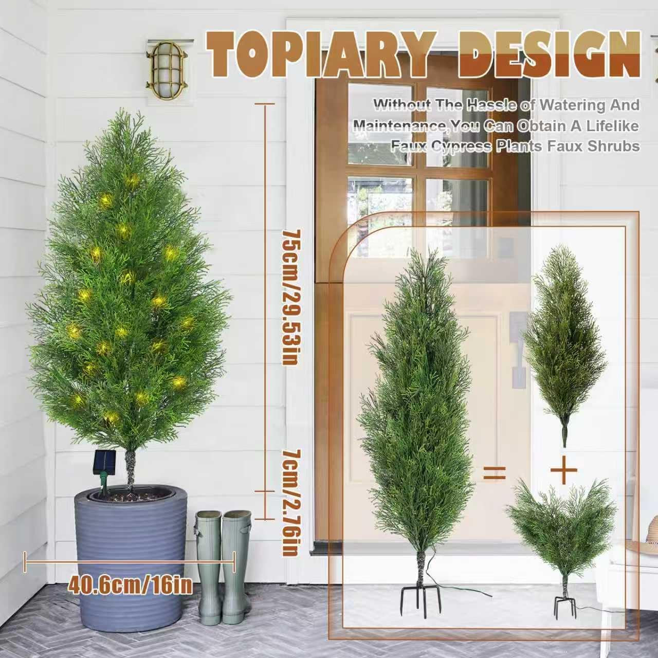 Solar-Powered Artificial Cypress Topiary Trees with LED Lights – 2 Pack