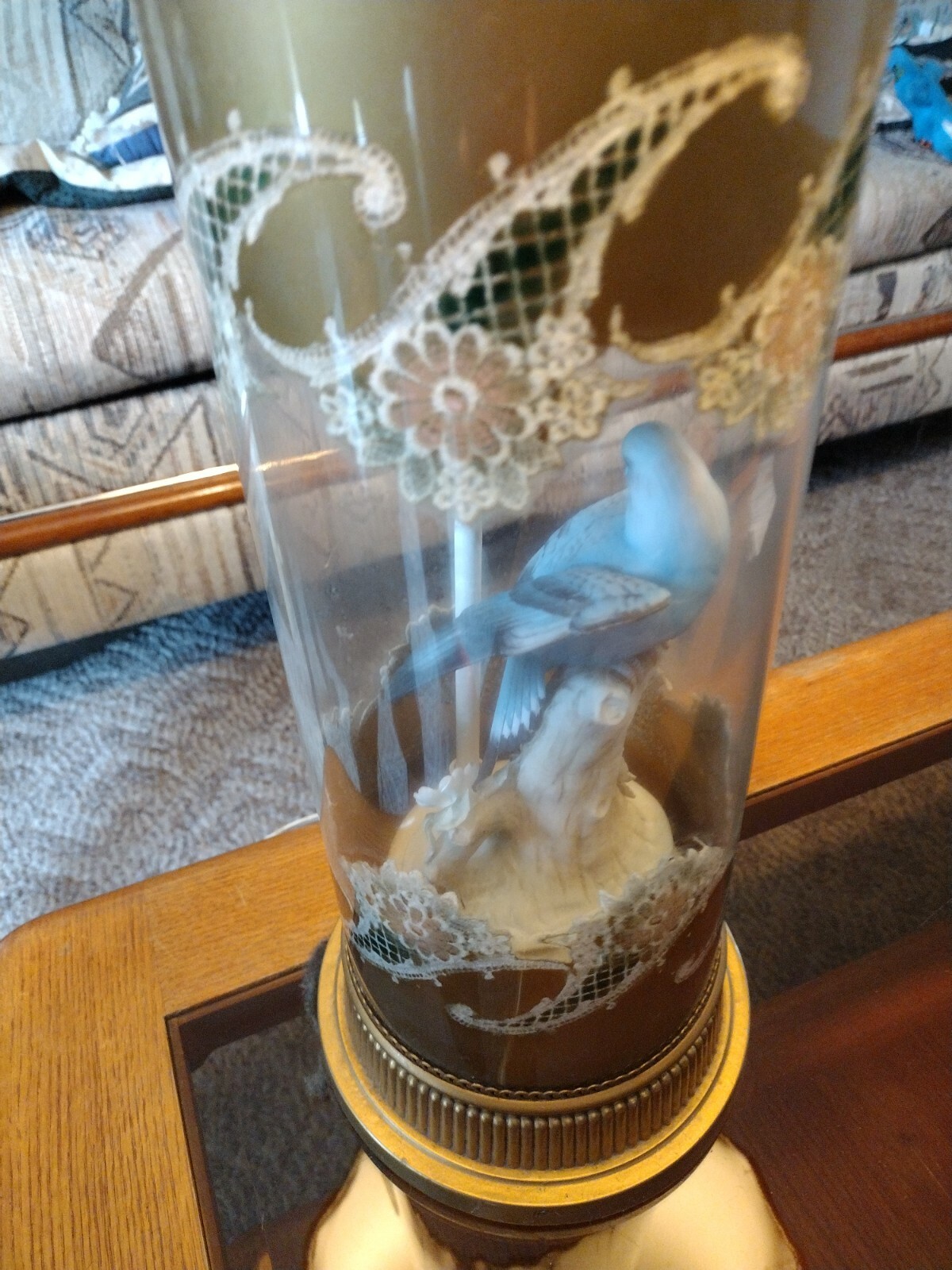 Vintage Antique Glass Lamp Decorated Floral and Bird inside 36″ tall SEE SEE