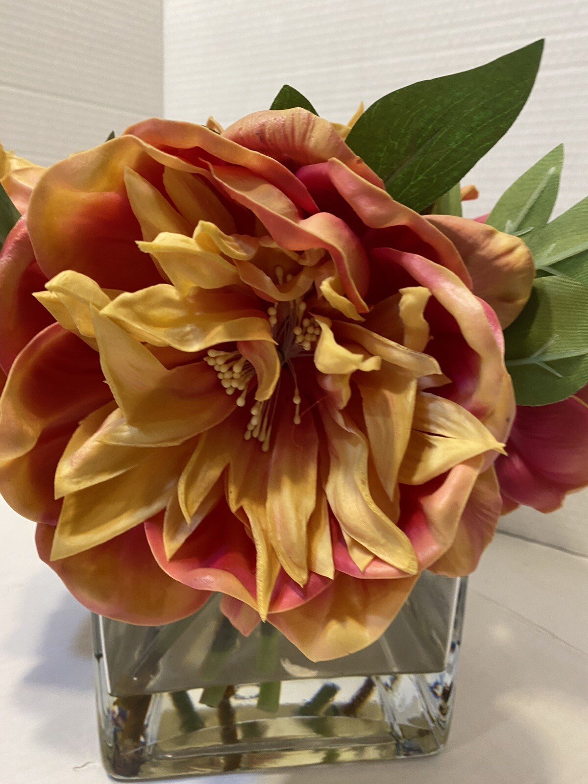 Artificial Flowers in Vase with Faux Acrylic Water Peonies Floral Peach Yellow