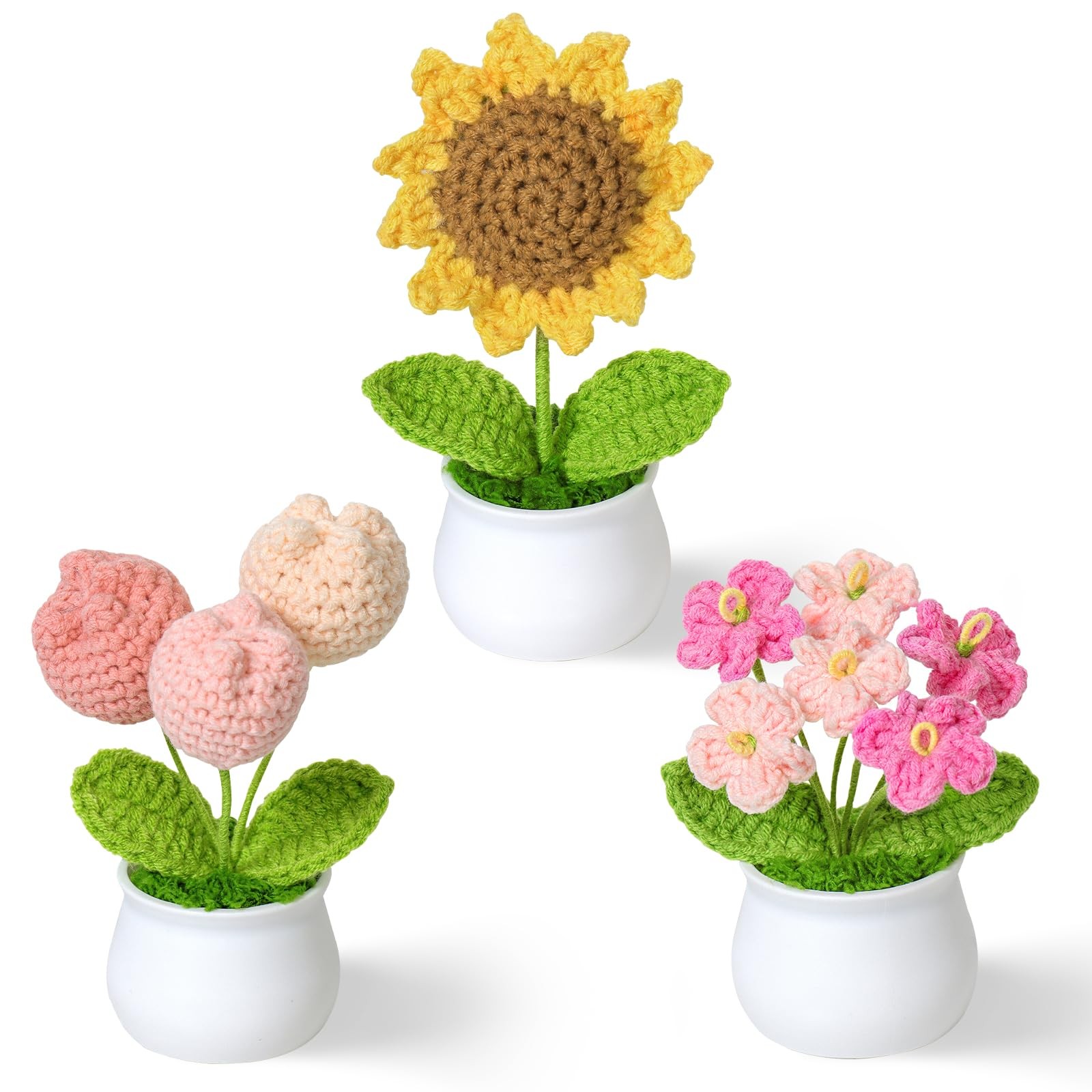 Crochet Flower Potted Plants Knitted Sunflower Tulips Desk Car Decor