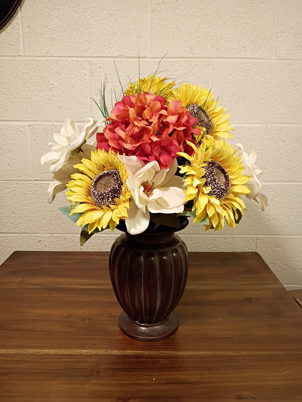 Bouquet of Large Silk Flowers In Bronze Vase