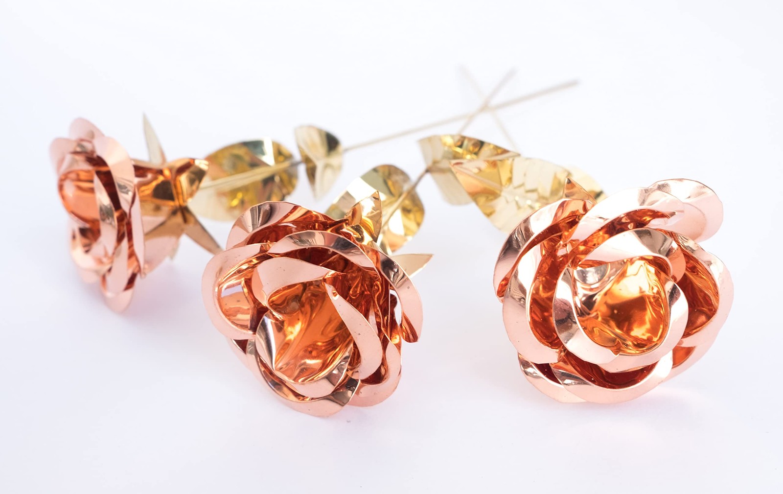 3 PCS 6.5 Inch Golden Metal Rose Hand Forged Copper Sculpture Wedding Decor