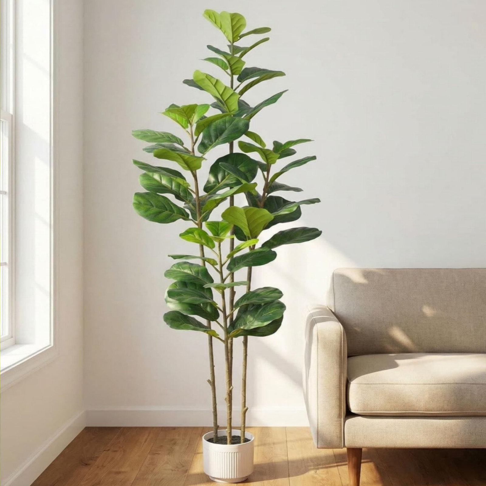 6FT Artificial Fiddle Tree Large Faux Ficus Tree W/White Planter Artificial Moss