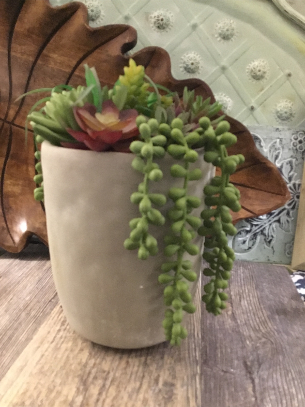 Owl large pot with faux succulents 6 1/2” High Bohemian Mod Owl Lovers Gift