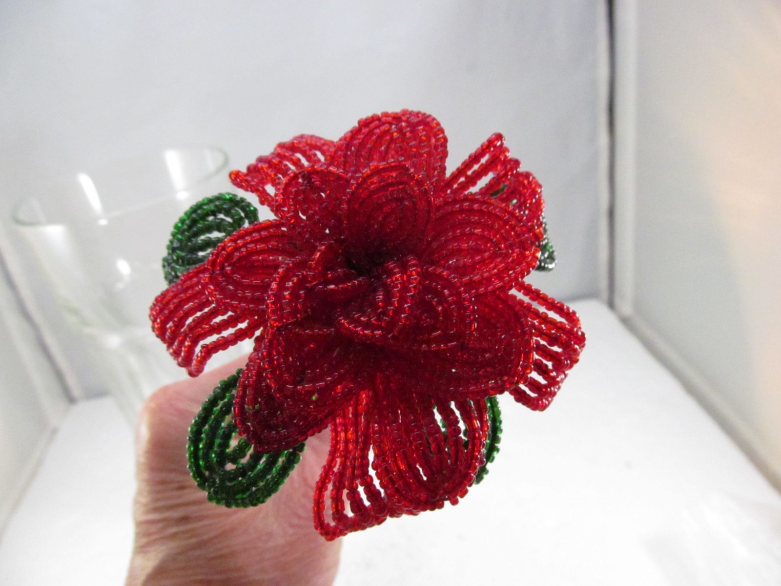 Handcrafted Red & Green French Beaded Flower with Stem Home Decor Gift 11 inch