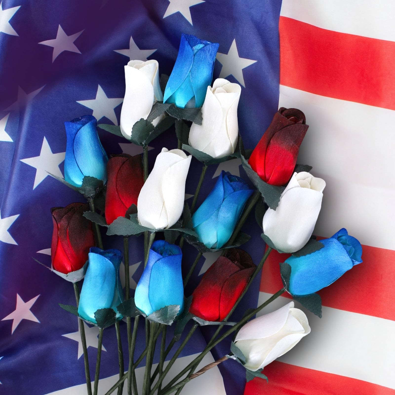 24 Pcs Realistic Patriotic Wooden Roses, 13 Inch Red Blue White Patriotic Bea…