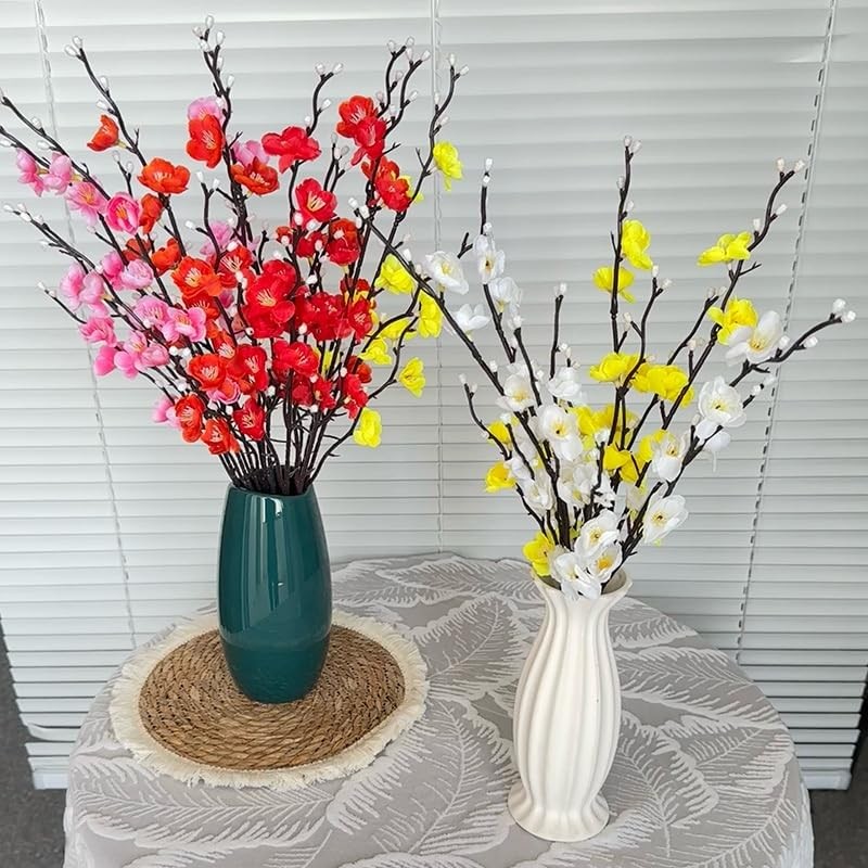 12 PCS Artificial Plum Blossom Flowers 22 Inch Fake Cherry Branches Faux Silk