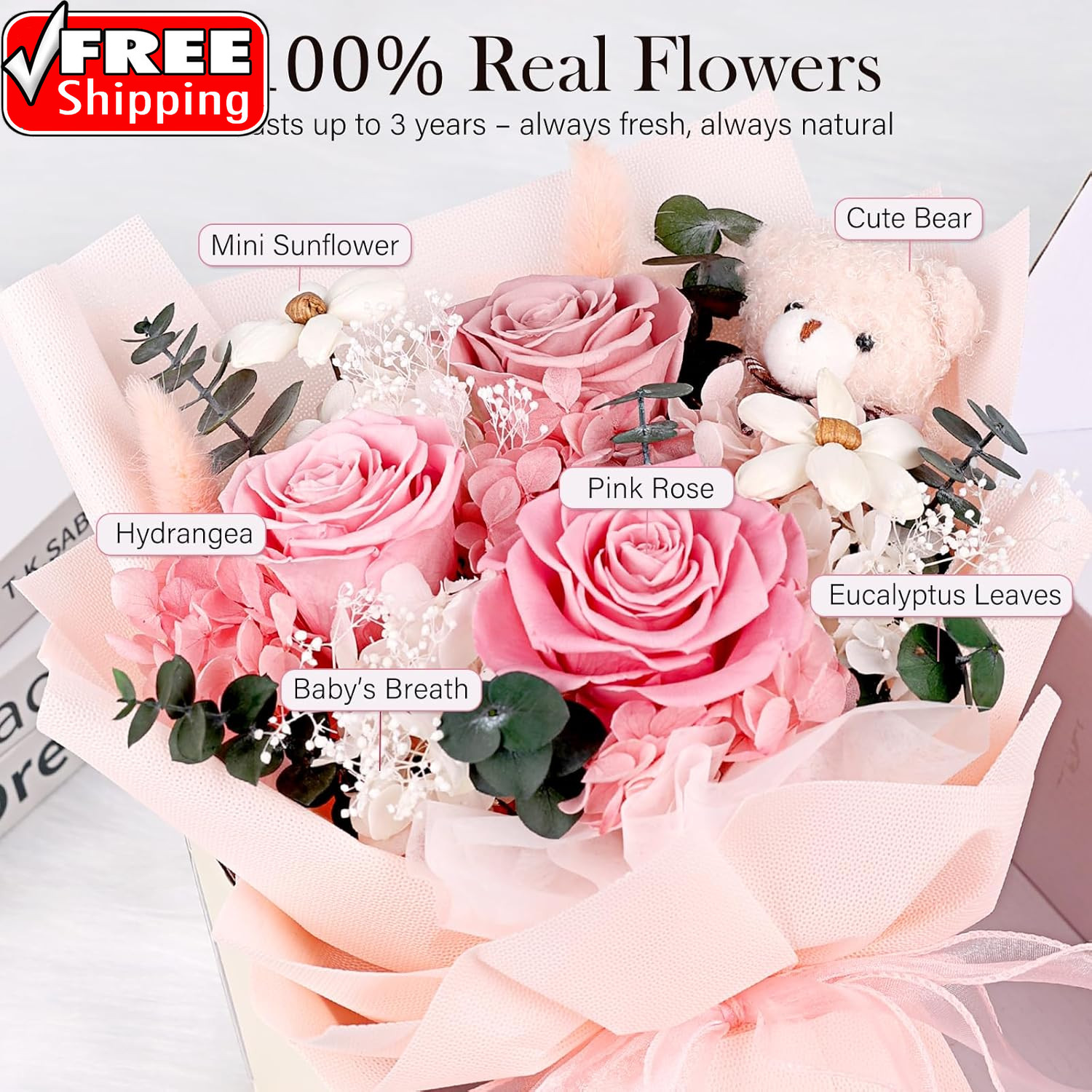 Preserved Flowers Bouquet with Bear, 3 Real Forever Flowers for Delivery, Long-L