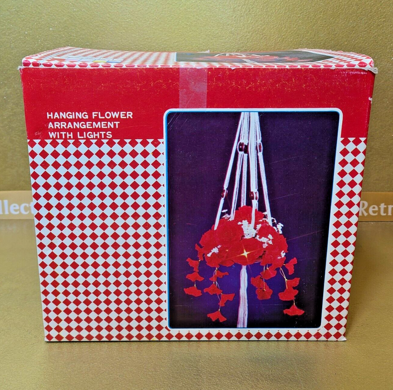 Hanging Plant Faux Red Flowers Macrame Lighted 46″ Vintage Retro Decor see video