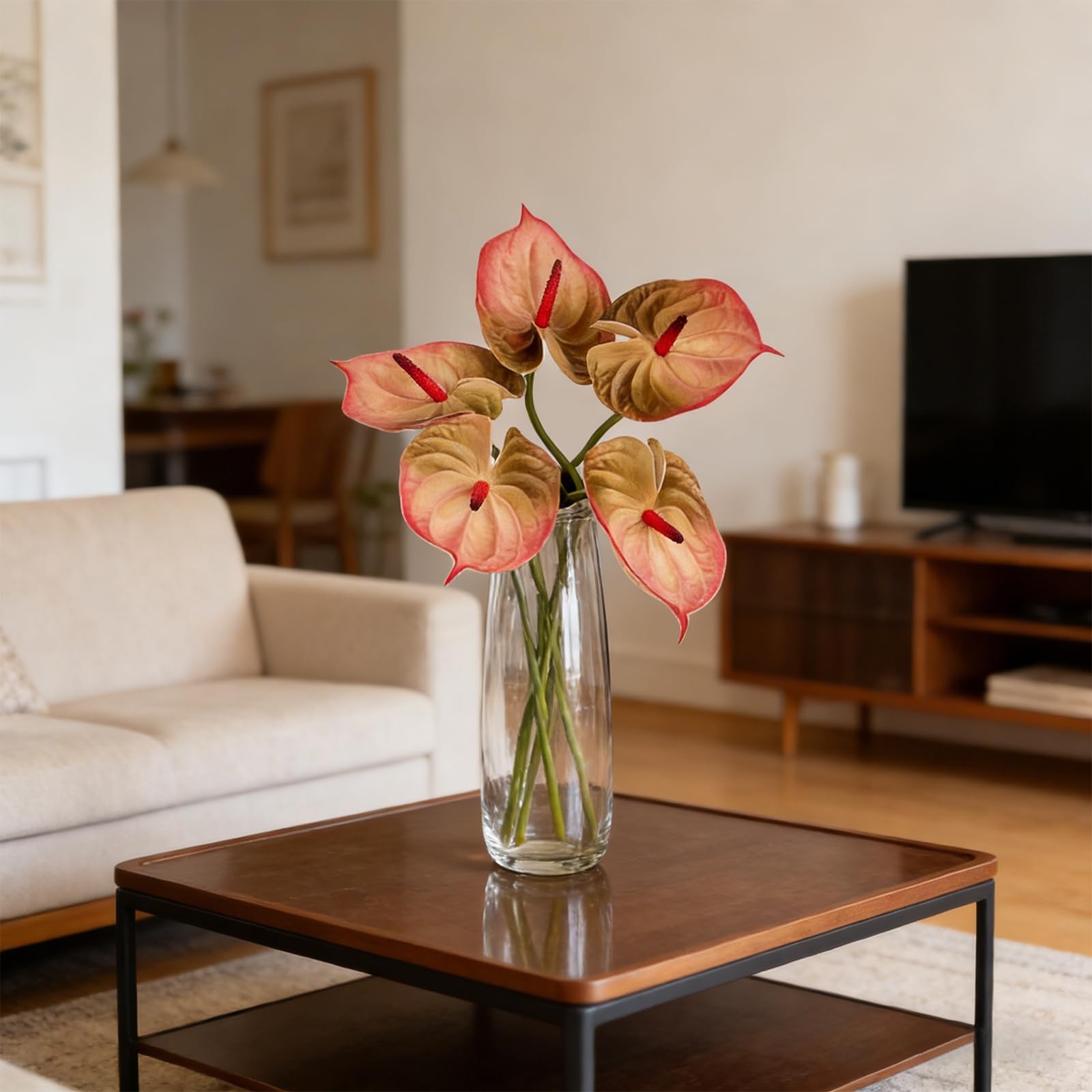 Dusty Pink Anthurium Artificial Flowers Faux Silk Real Touch 25.2″ 6 PCS