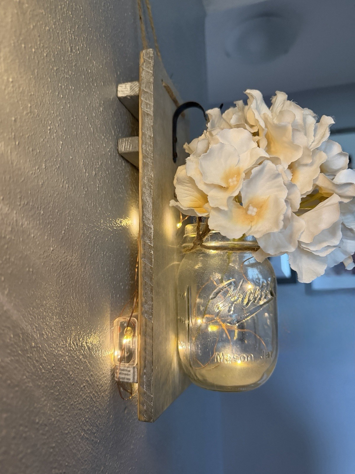 2 Rustic Wall Hanging Mason Jar Vases w/ Artificial White Hydrangea, Gray Wood