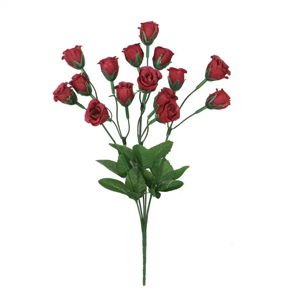 14 In. Burgundy Red Artificial Mini Rose Bud Flower Stem Bush Bouquet (Set of 12
