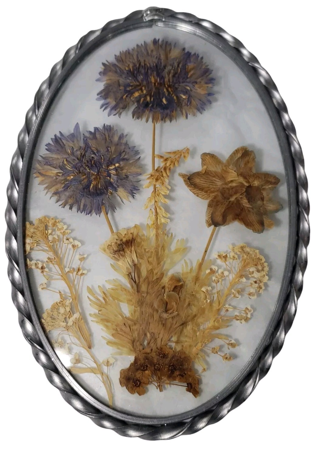 Vintage Lasting Impressions Real Dried Pressed Flowers In Glass W/ Pewter Frame