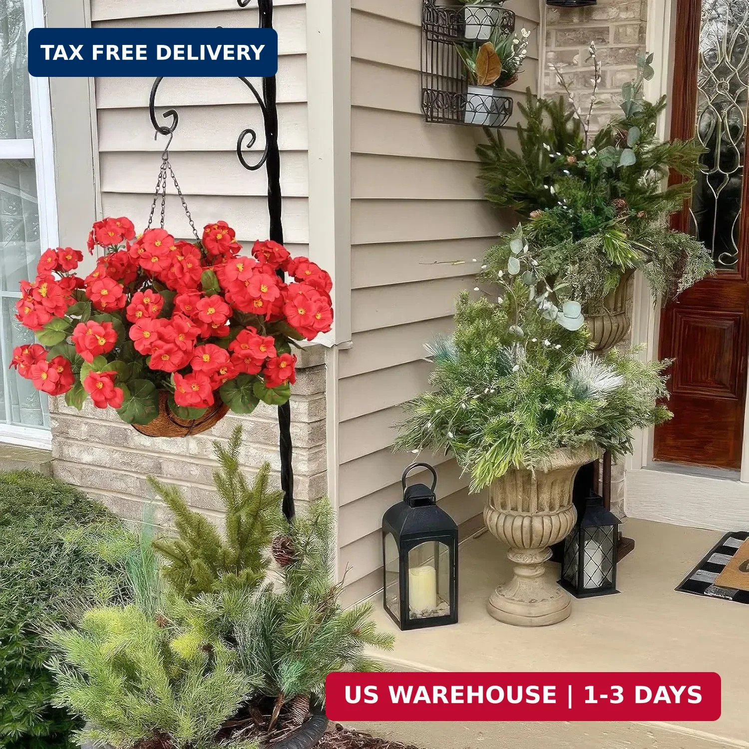 Artificial Flowers for Outdoors with Hanging Basket 12 Pcs Silk Red Geraniums Ar