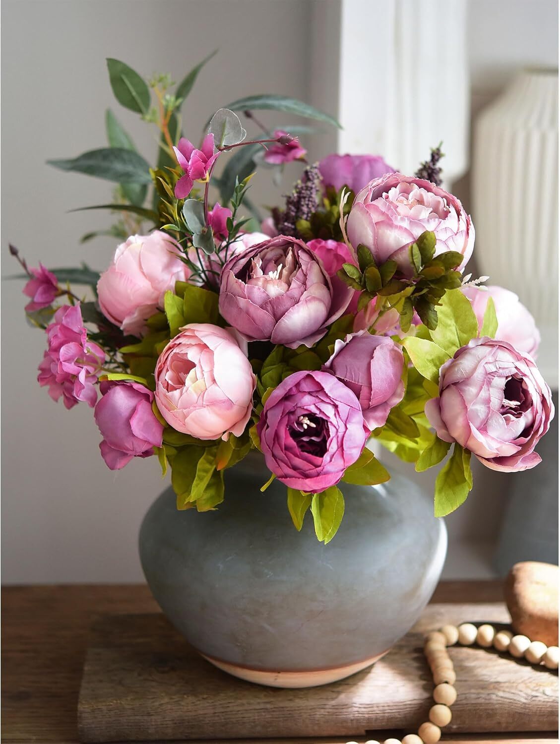Soft Peach Pink and Magenta Red Vintage Artificial Peonies Silk Flowers and H