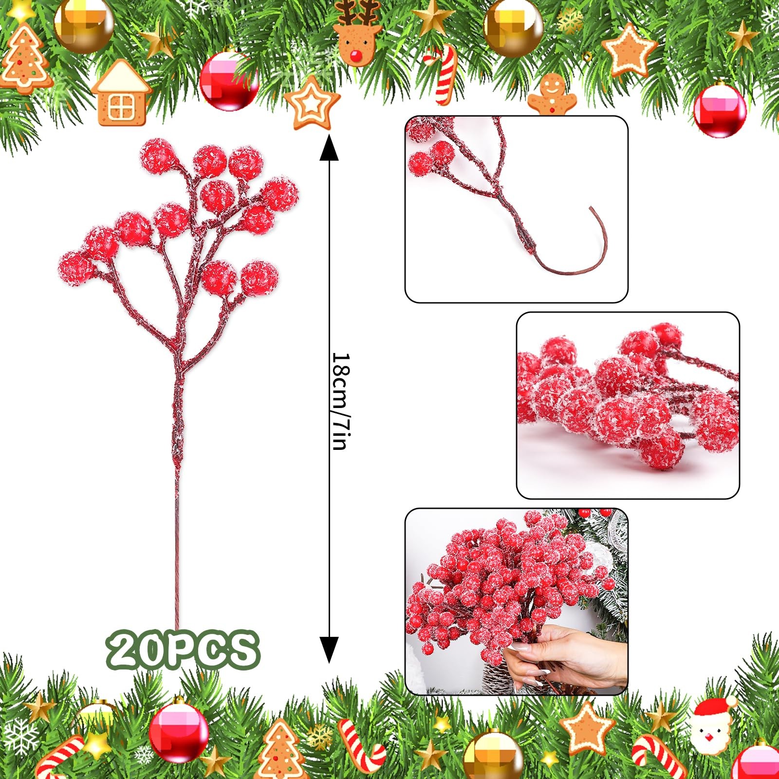 20 Pack 7 Inch Artificial Red Picks for Christmas Tree Burgundy Red Berries S…