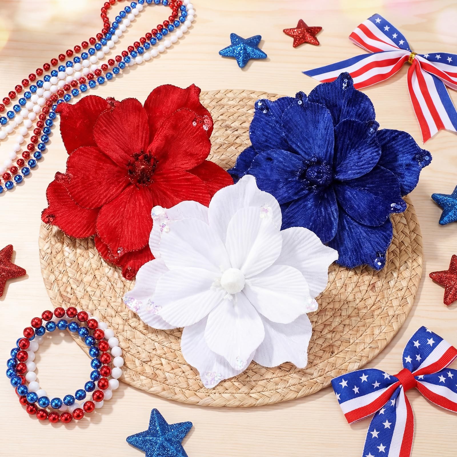 9 Pcs Red White Blue Poinsettia Flowers 4th of July Memorial Day Patriotic Fl…