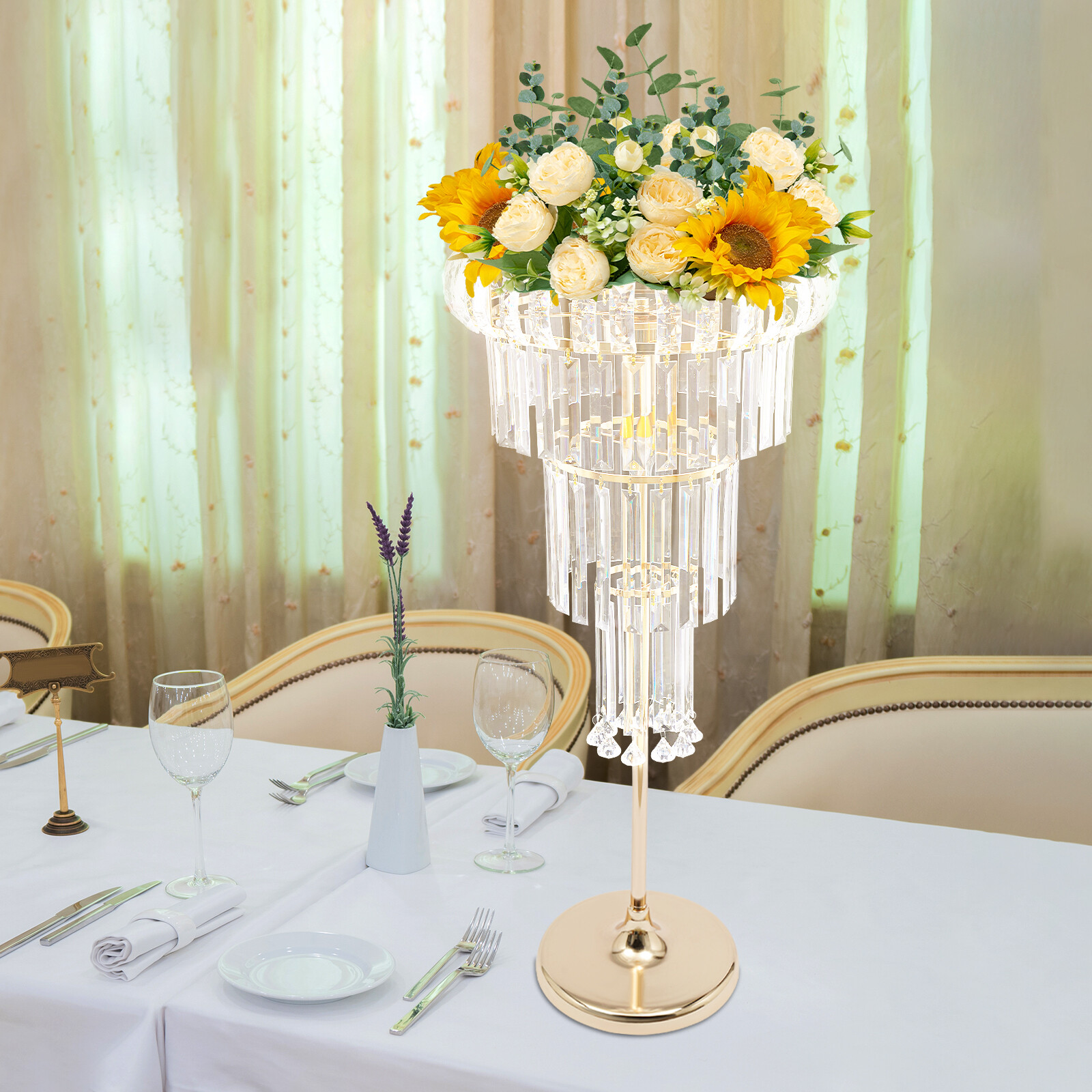 4 Tier Gold Flower Stand Wedding Party Flower Stand 2*LED Centerpiece Decor