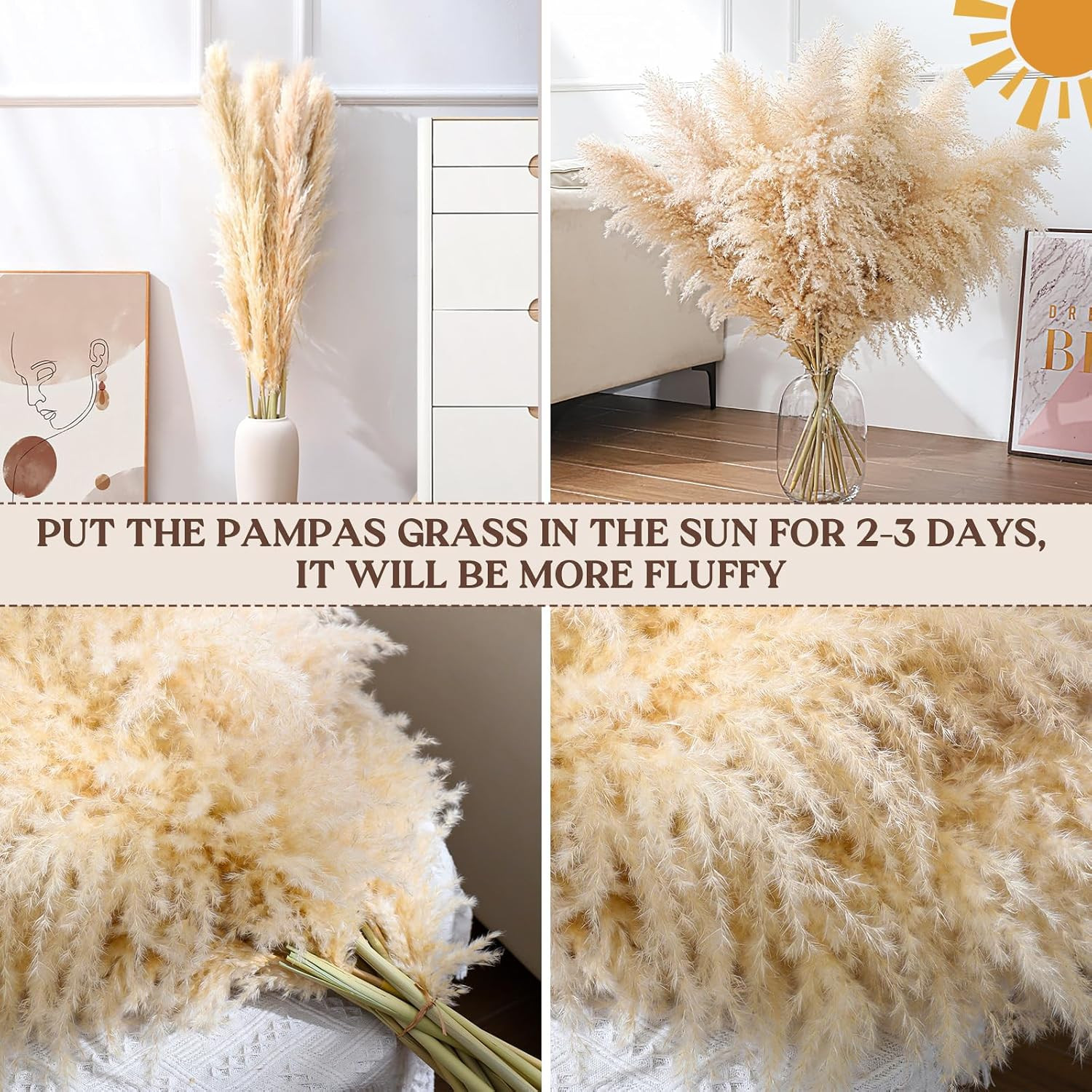 15Pcs 40”Dried Pampas Grass Decor Tall-Large Pompas Grass-Natural Beige Tall Pa