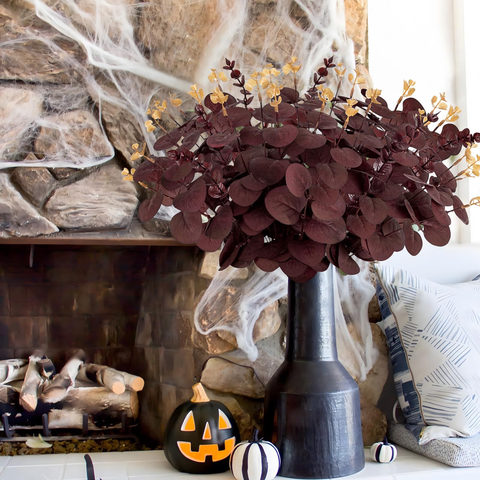 20PCS Dark Wine Red Halloween Eucalyptus Stems Artificial Fake Flowers Bulk D…