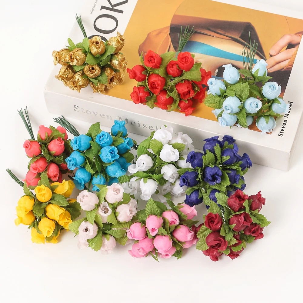 12Pcs/Lot Mini Artificial Rose Flowers Bouquet Silk Fake Flowers for Home Decor