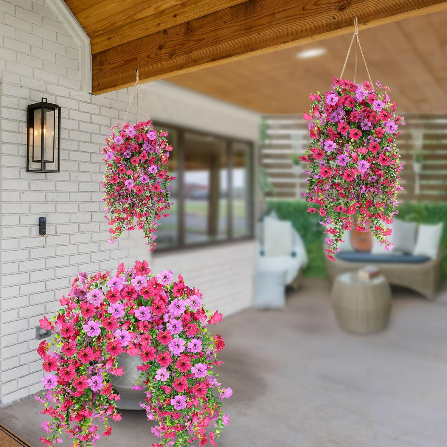 Artificial Fake Hanging Flowers Plants for Outdoor Outside 2PCS Hot pink-Magenta