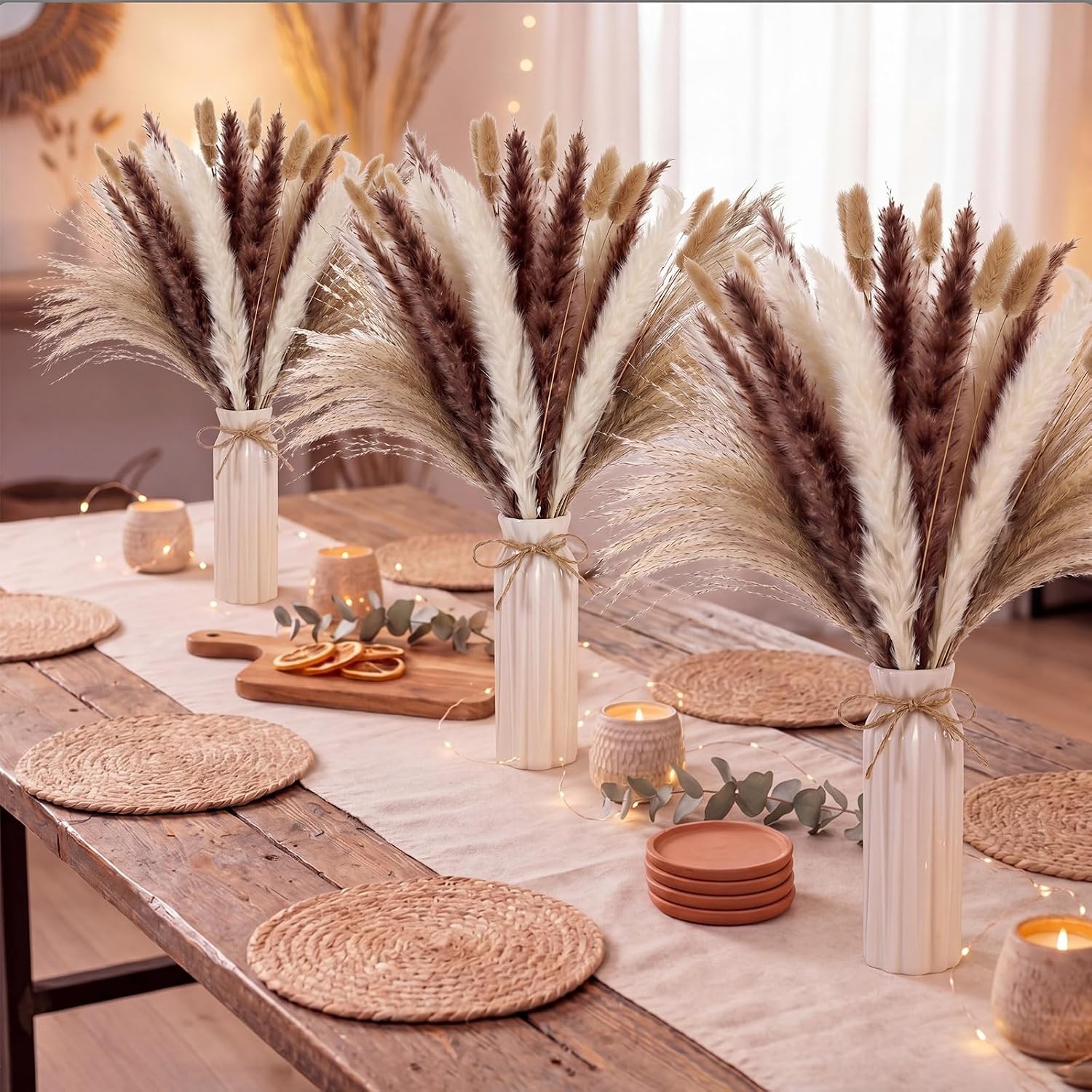 6 Set White Ceramic Vases Set W/ Dried Pampas Grass Bouquets Boho Table