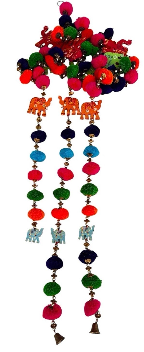 Elephant Garlands Pom Poms Wood Set of 3 Boho Indian Festival Diwali