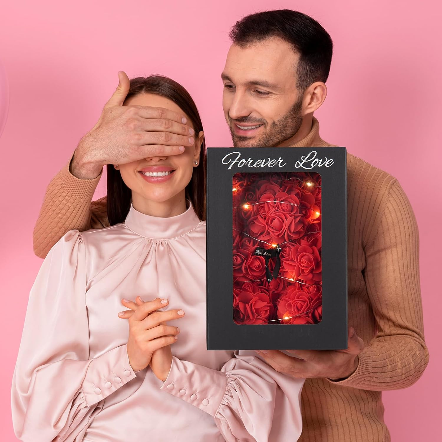 Rose Bear 10 Inch Red Flower Teddy Bear with Lights Box I Love You Necklace Card