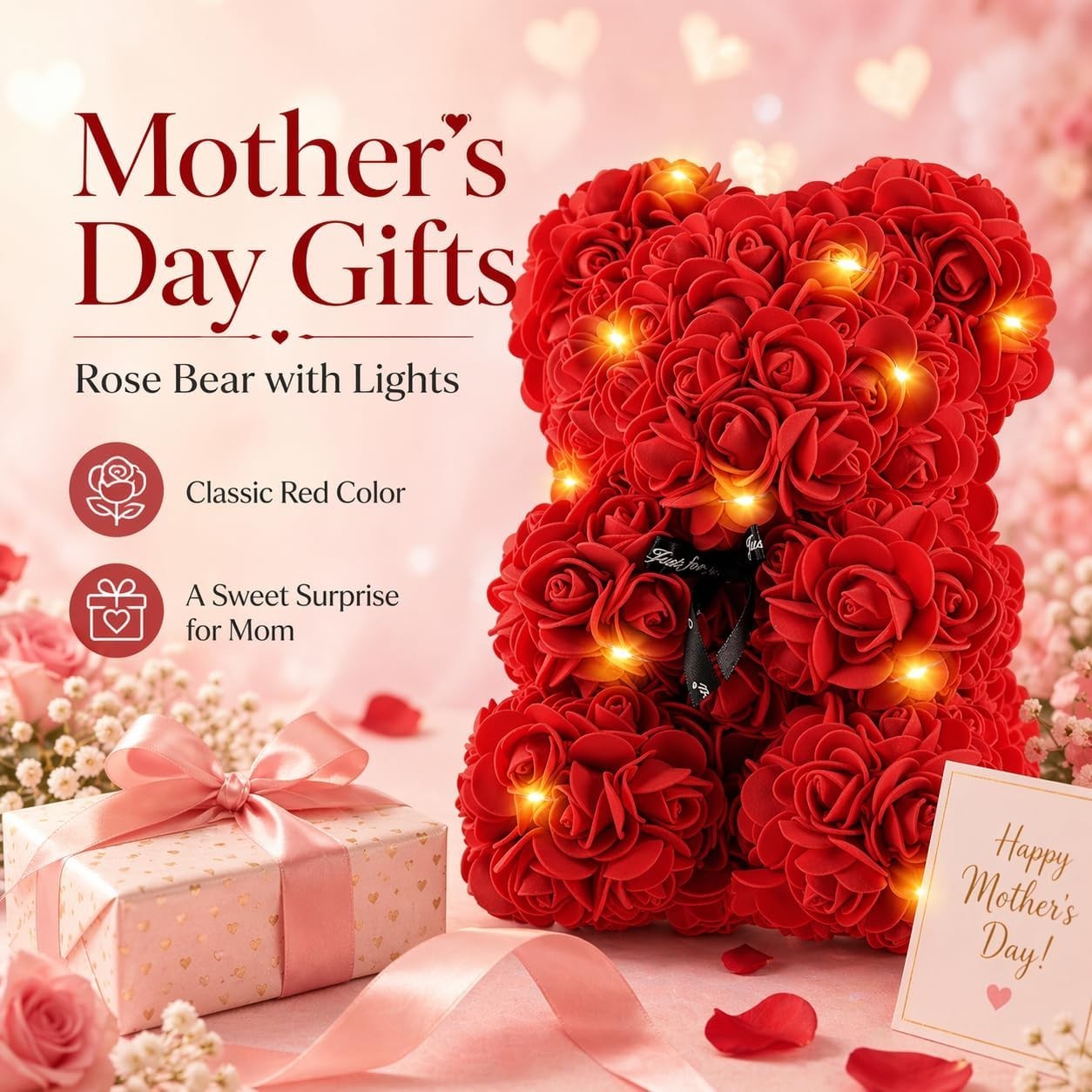 Rose Bear 10 Inch Red Flower Teddy Bear with Lights Box I Love You Necklace C…