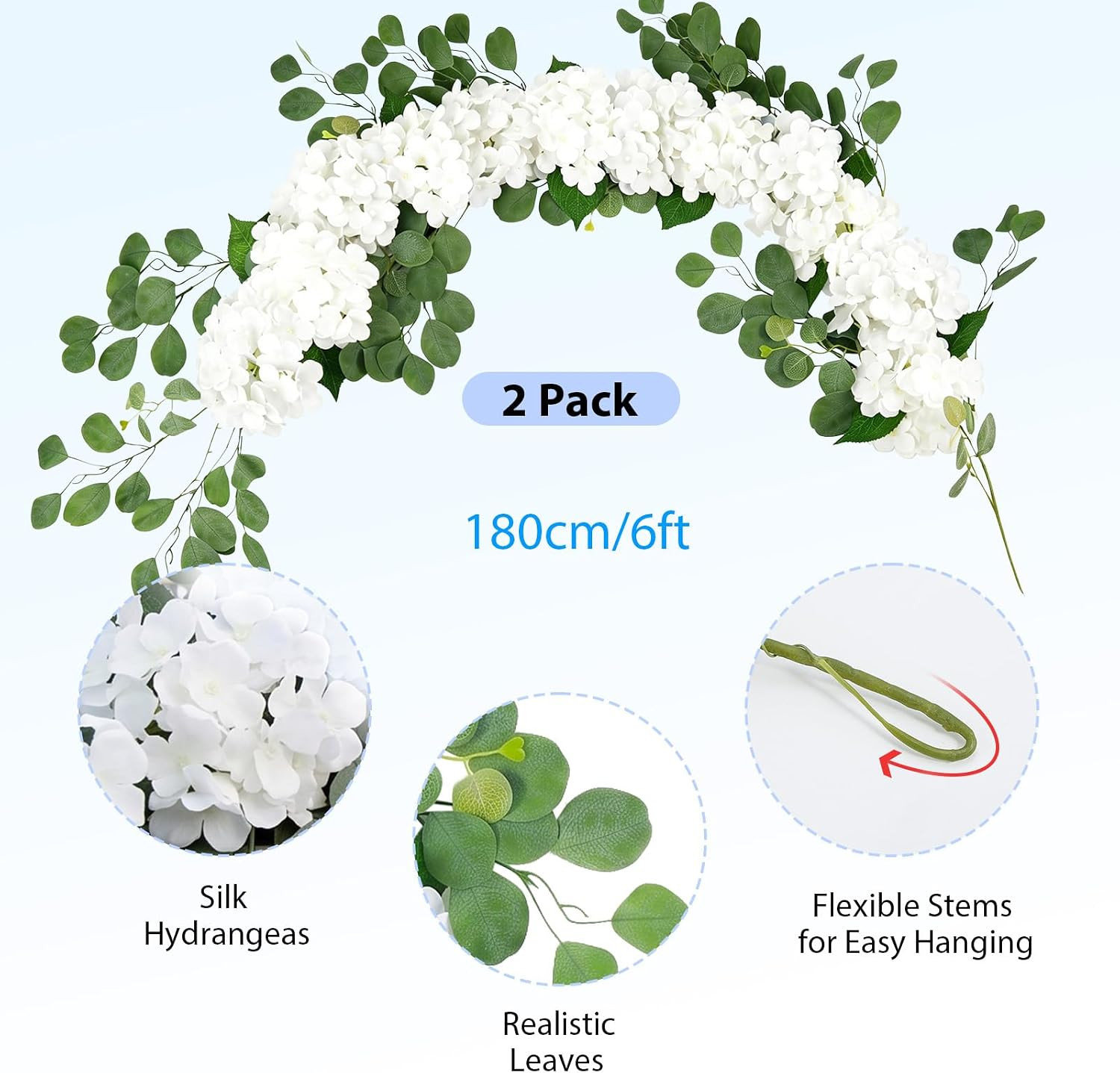 Auihiay Artificial Hydrangea Flower Garland, 2 Pcs Total 12Ft Wedding Arch Flowe