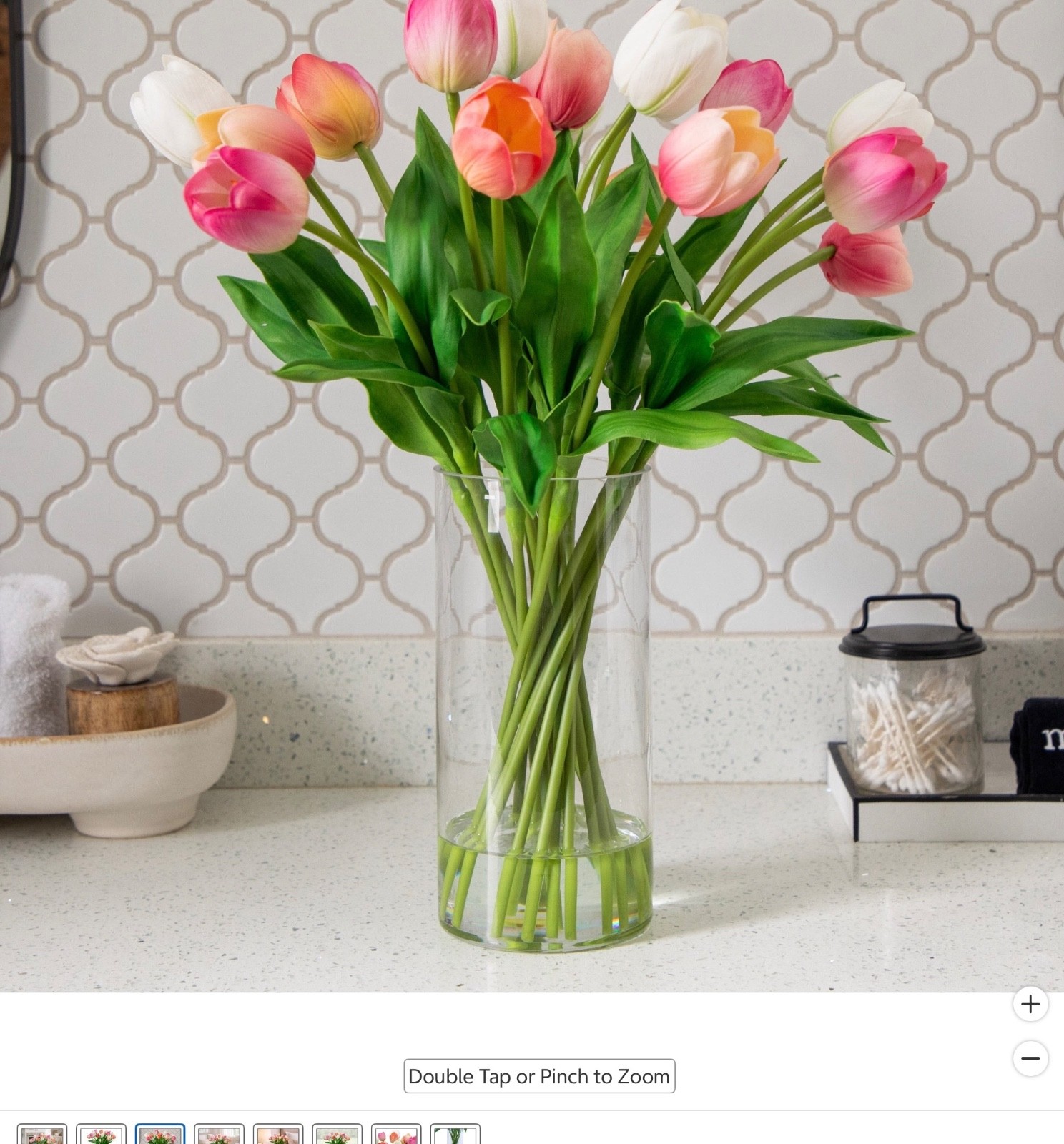 Faux 20″ Tulip Arrangement Lifelike Glass Vase Water Illusion Real Touch Petals