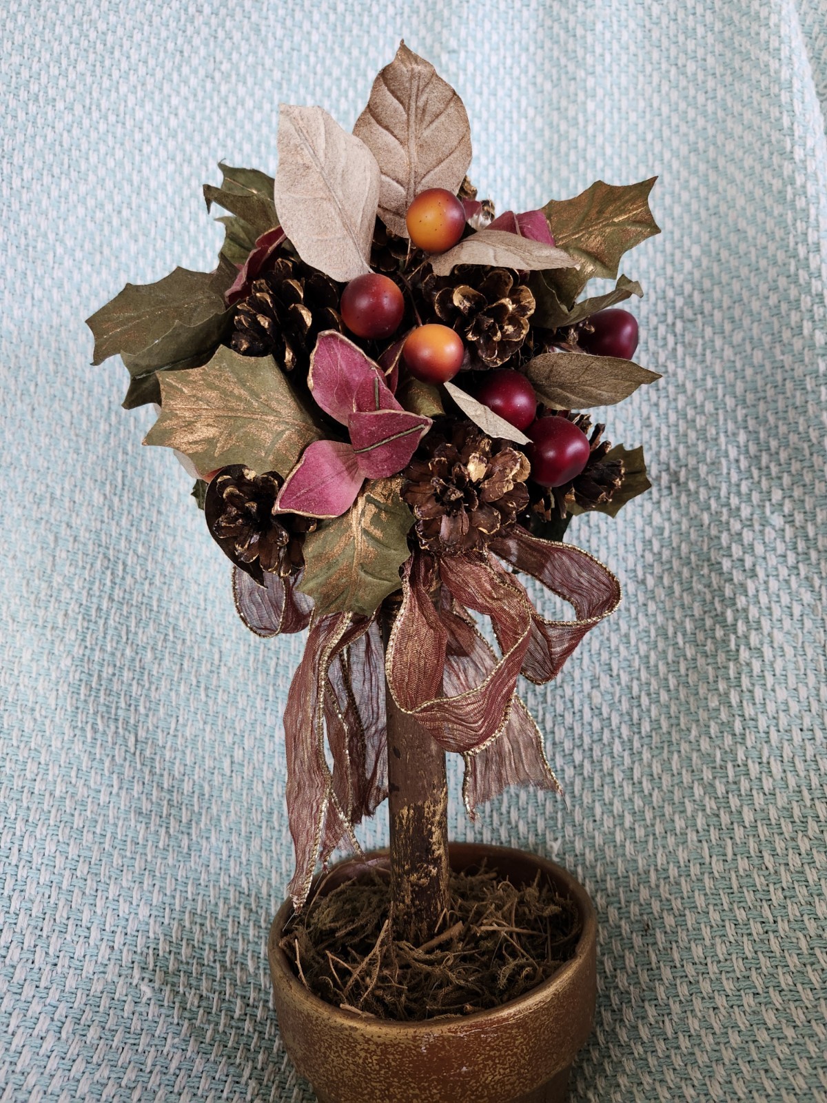 Artificial Topiary Tree Pinecones, Leaves, Berries, Mauve & Gold Color 15”