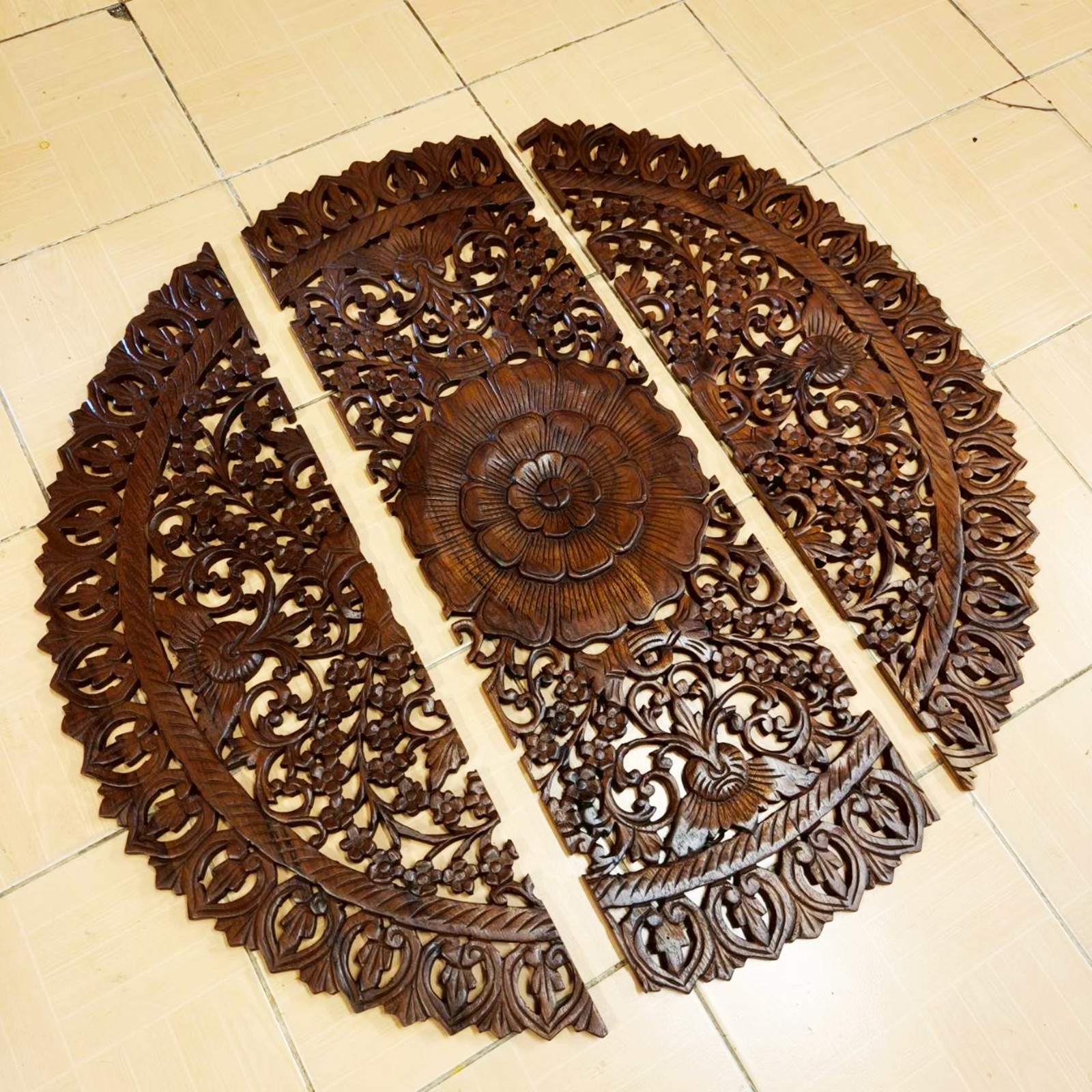 Round Floral Mandala Wood Carving Panel 90 cm, 3-Piece Set