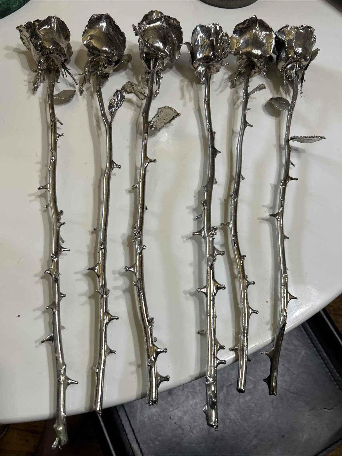 Set of six 6 Real Rose Dipped In Silver 18 inches long Triple dipped