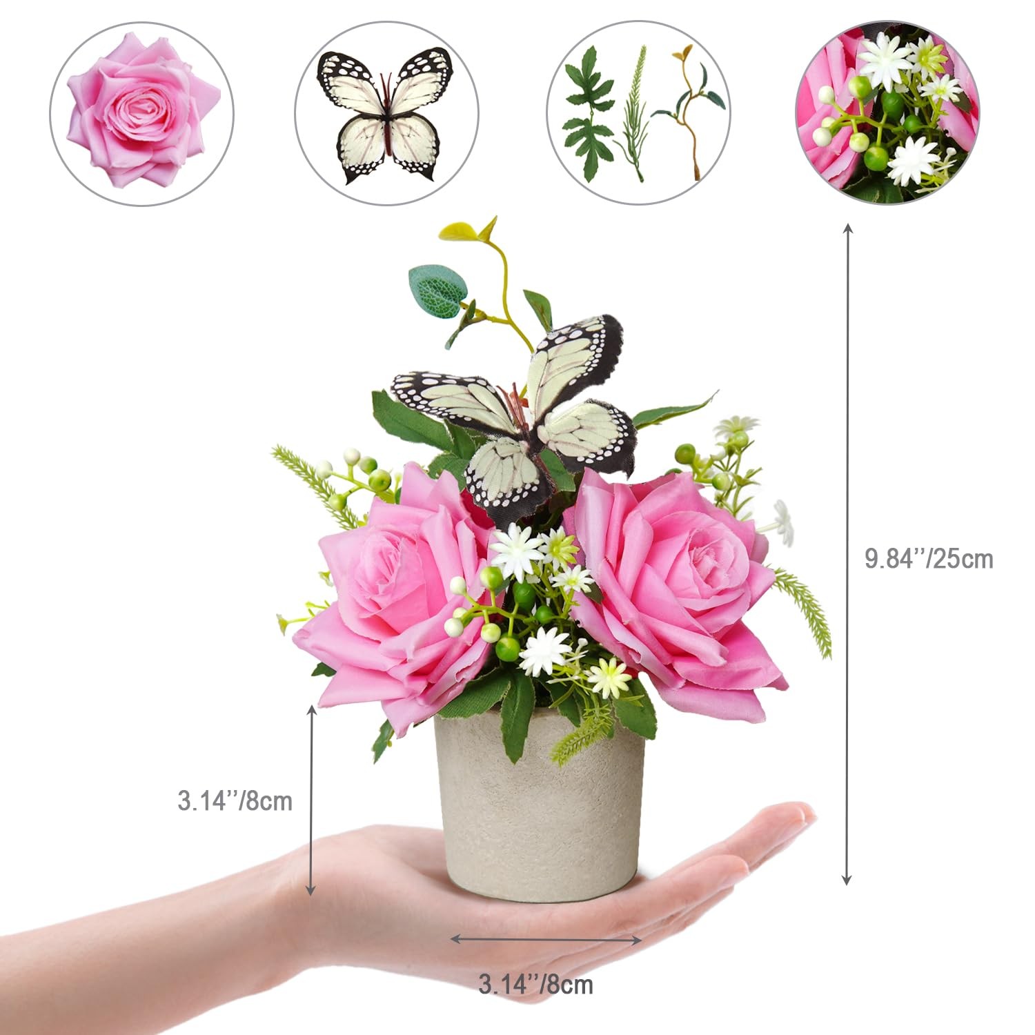 2 Pack Small Artificial Plants in Pots Rose Decor Fake Flowers in Pot Decorat…