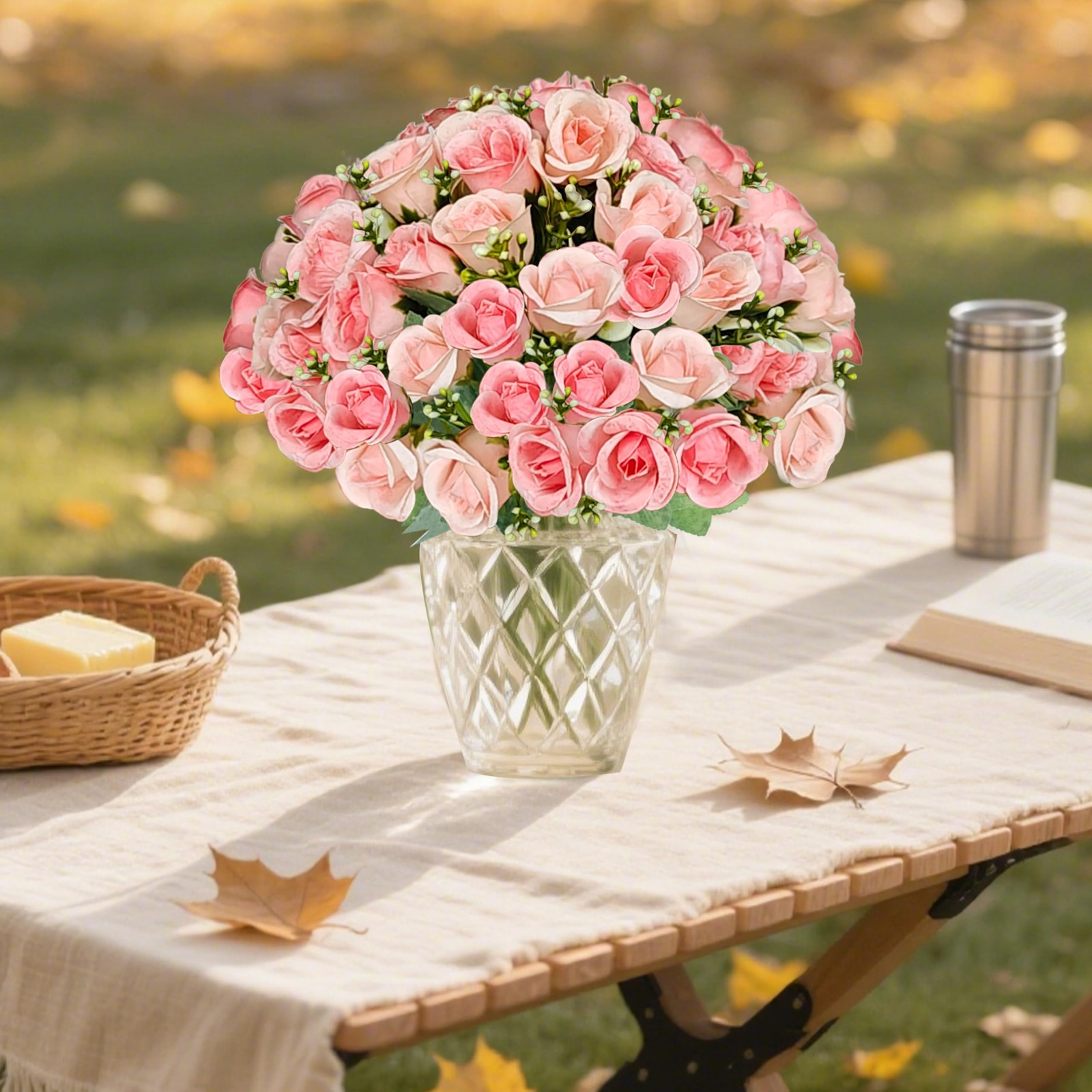 3 Bundles Roses Artificial Flowers,Roses Bouquet with Leaf,Fake Flowers for W…