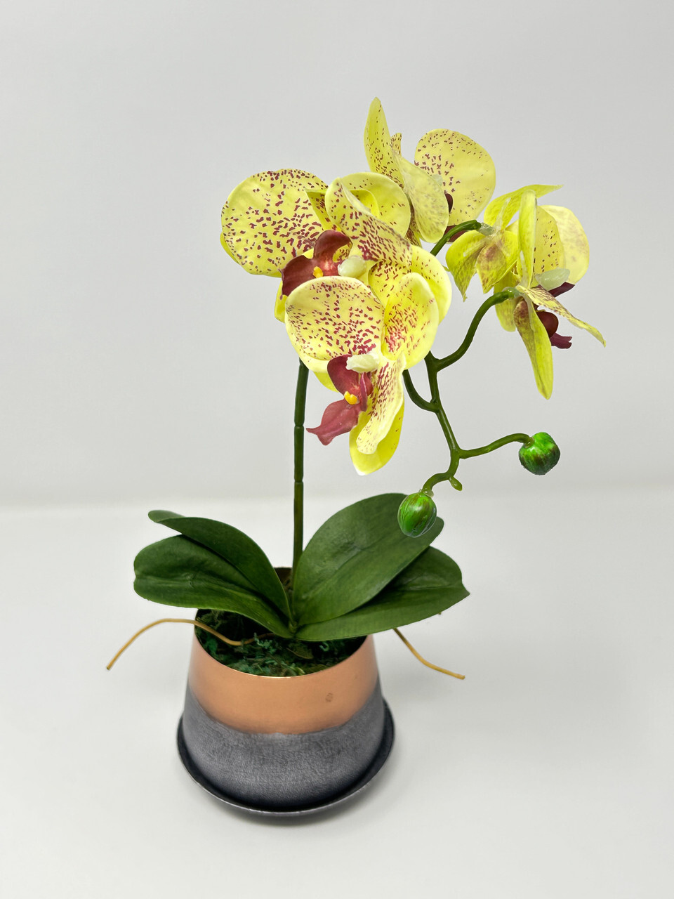 14″ Potted Yellow PHALAENOPSIS ORCHID faux Silk flower plant in copper metal pot