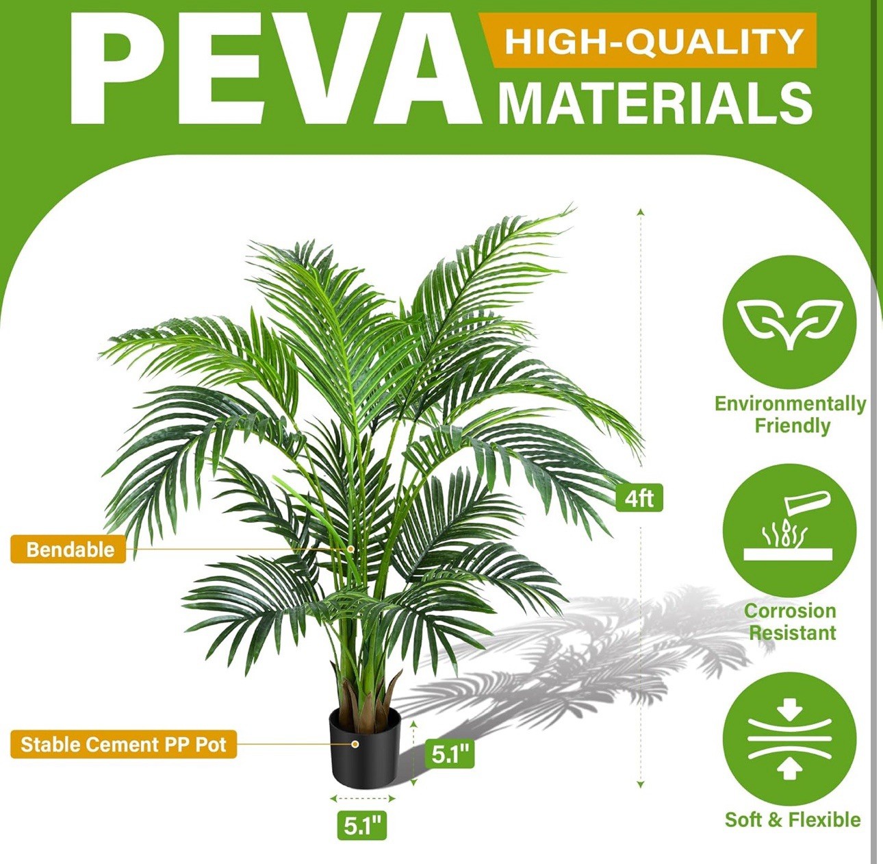 4ft Artificial Areca Palm Tree Plant, 47in Fake Cane Palm Silk Tree Indoor Ou…