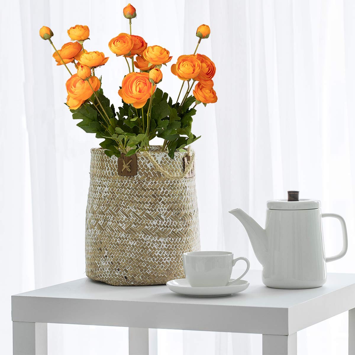 5 Stems Artificial Silk Ranunculus Flowers Orange 23″ Tall,UV Resistant,Benda…