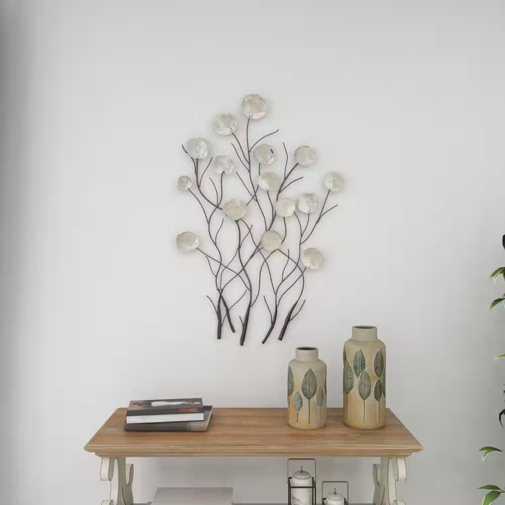 24 In. X 36 In. Capiz Shell White Floral Wall Decor with Capiz Accents
