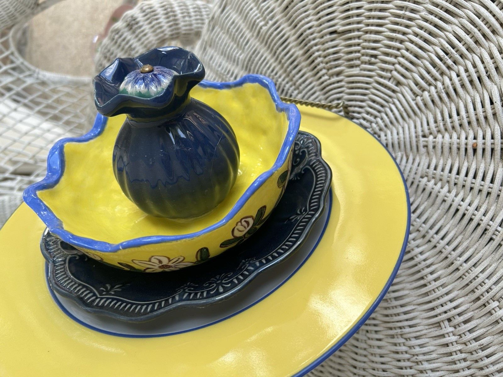Yellow Blue Ceramic whimsical yard art flower. Glossy Floral, Round 8×6″