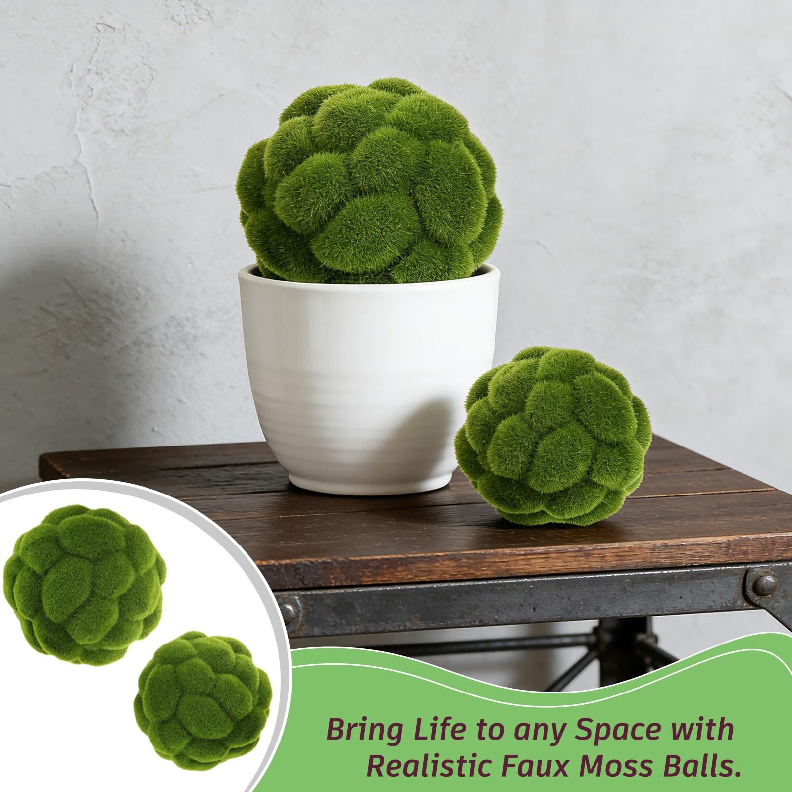 2 PCS Green Artificial Decorative Moss Balls 4″ & 4.7″ Faux Globes Bowl Filler